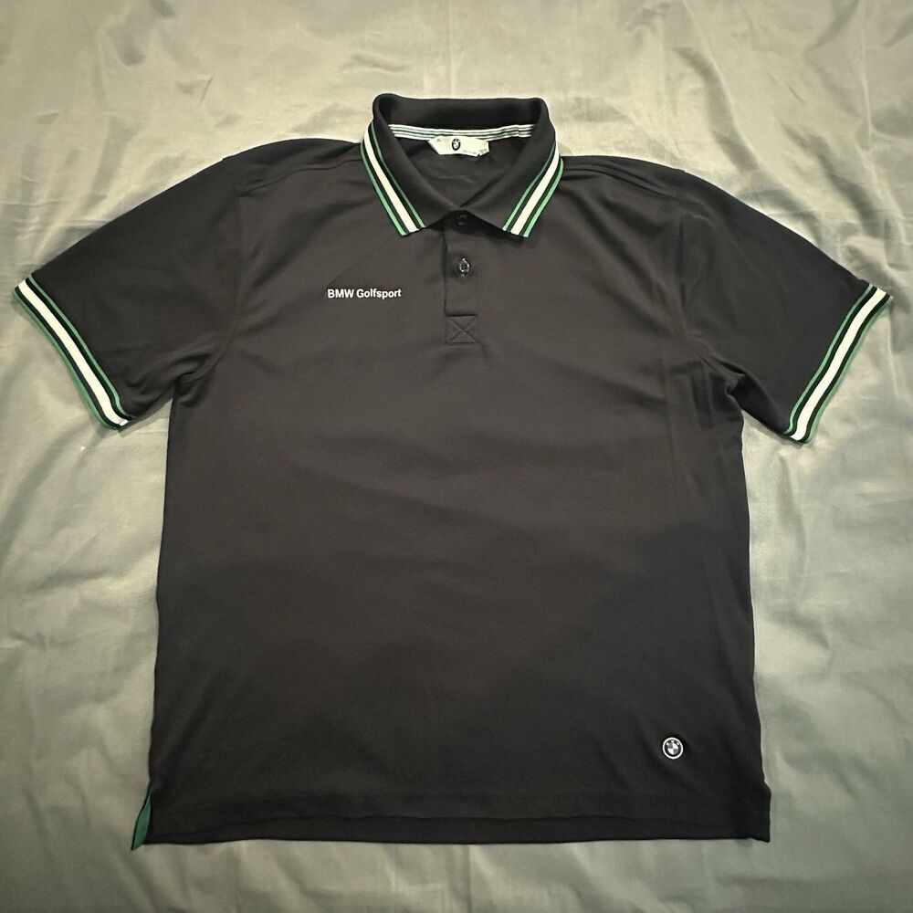 BMW Golfsport Polo Short Sleeve Mens XL Black Green Performance Shirt Striped
